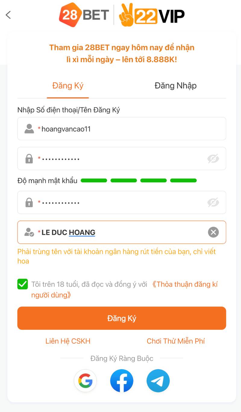 Nhap thong tin dang ky 28bet